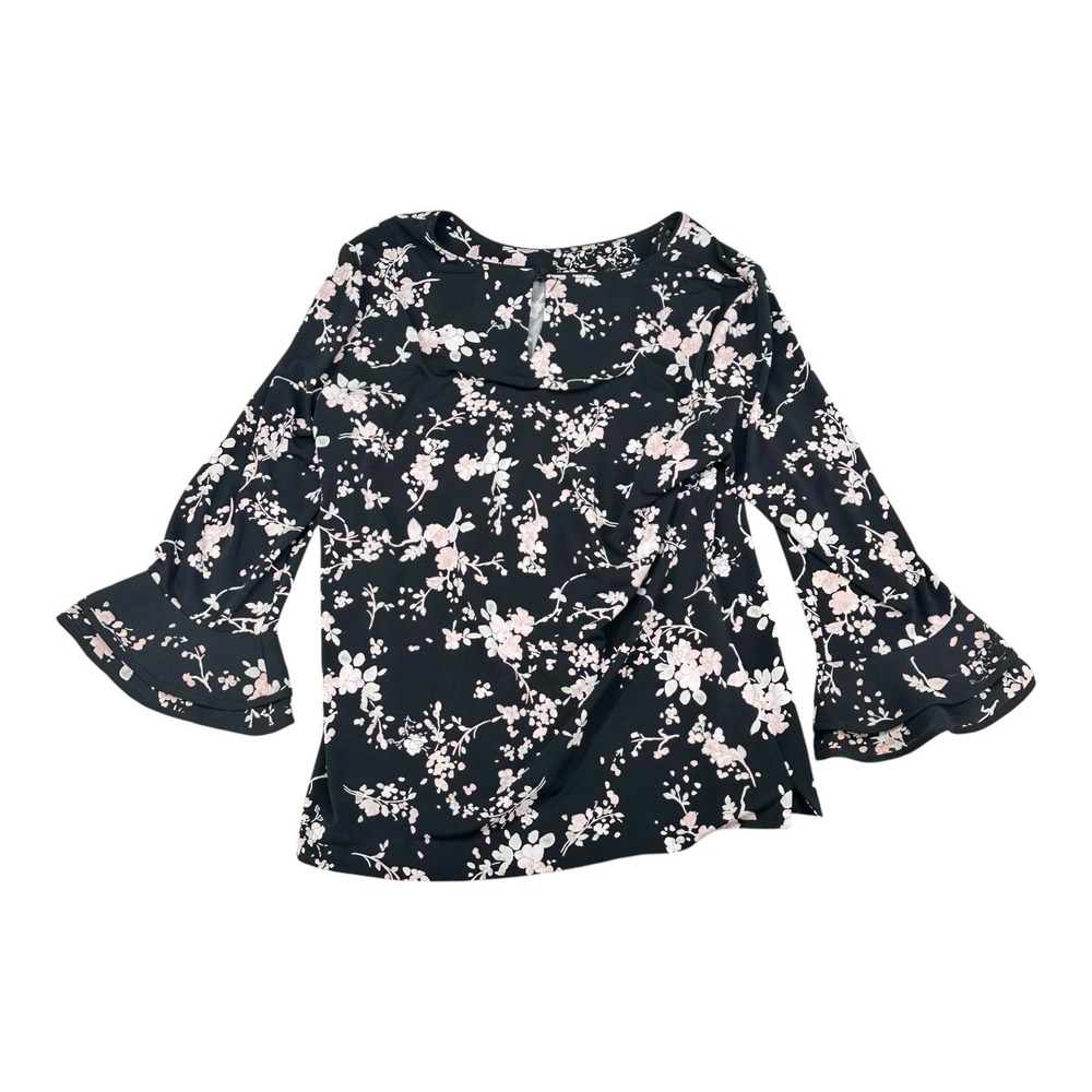 Karl Lagerfeld Women's M Medium Blaxk Floral Bell Sleeve Top Coquette